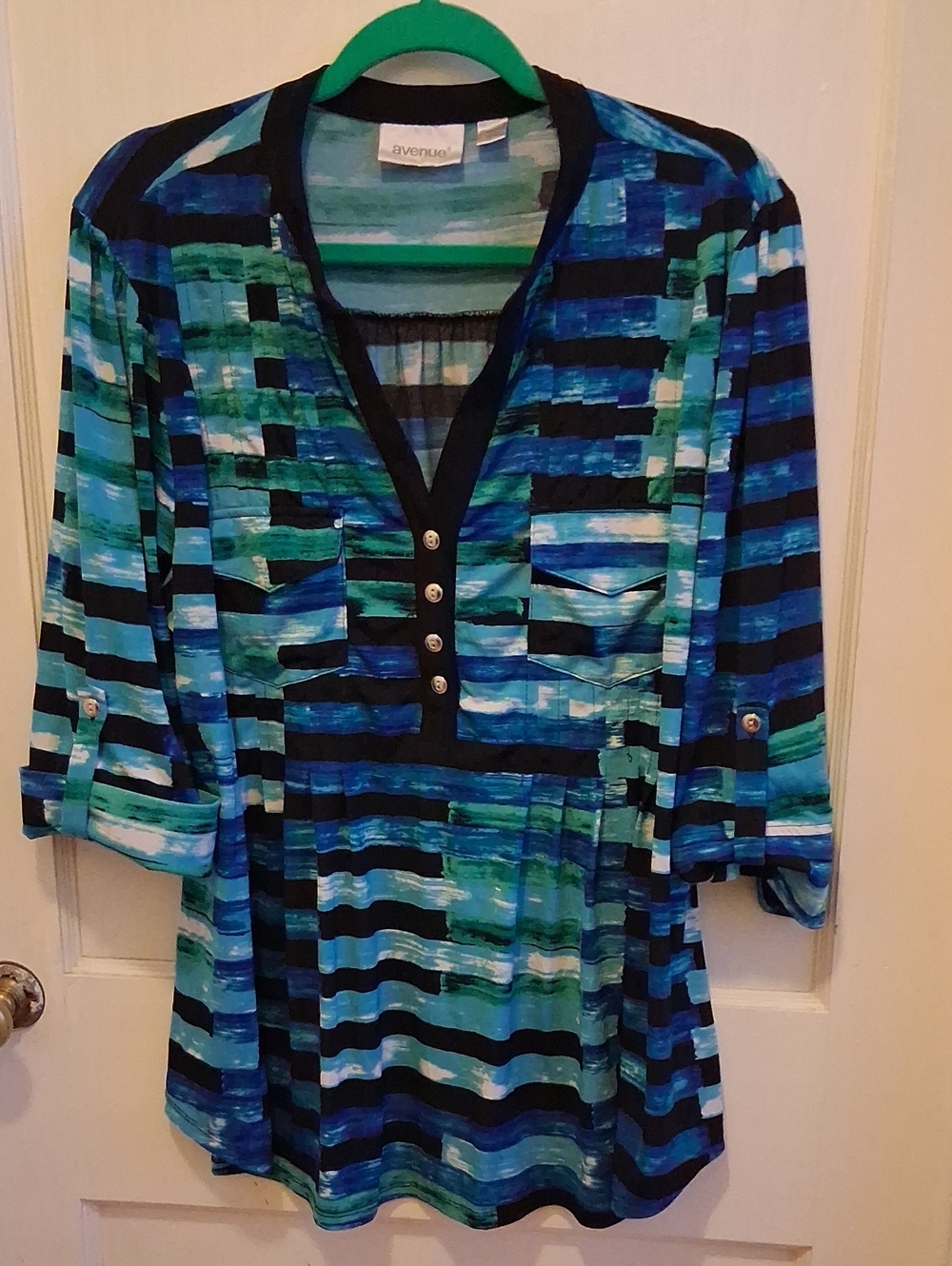 Avenue Teal, Blue & Black Striped V-Neck Tunic